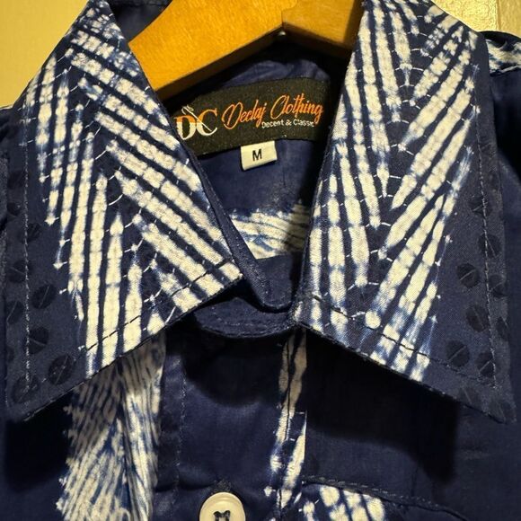 Declaj Clothing original design, hand sewn adire navy tie dye button shirt. - Picture 4 of 6